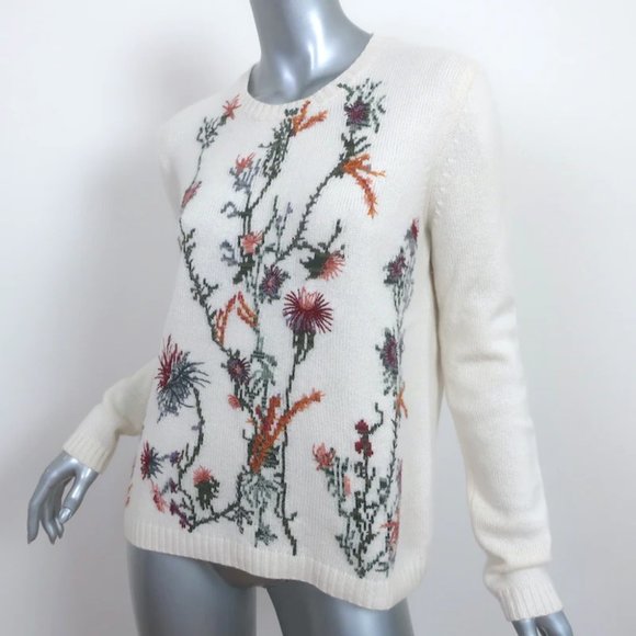 Christian Dior Floral-Embroidered Cashmere Sweater Cream Size 42 - Picture 2 of 8